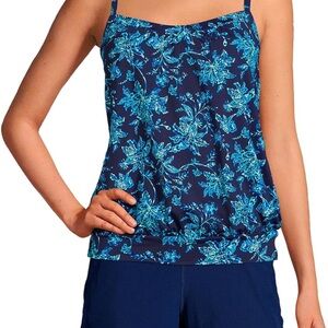 Lands End Deep Sea Navy Jacobean Blouson Swim Top Size 10
